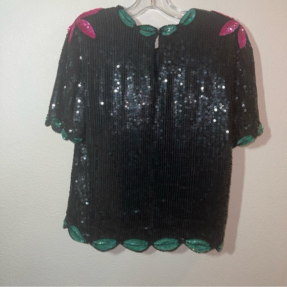 Vintage Women's Medium Stenay Multi Floral Silk Beaded All Over Sequin Blouse - Picture 2 of 3
